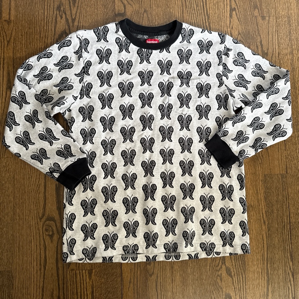 Supreme Jacquard White / Black Butterfly Print Long Sleeve